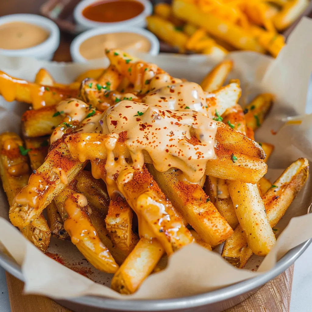 A plate of fries with cheese and sauce.