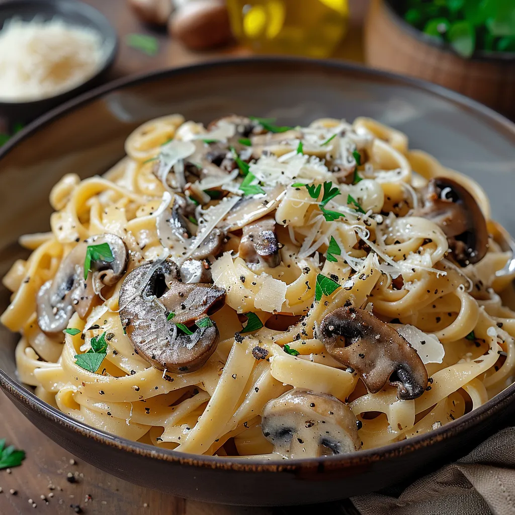 A bowl of pasta with mushrooms and cheese.