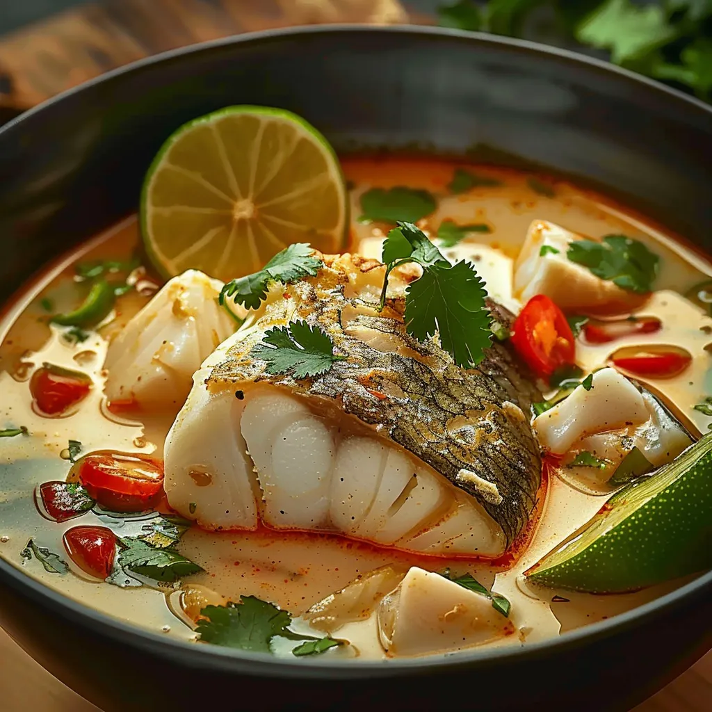 A bowl of soup with fish and vegetables.