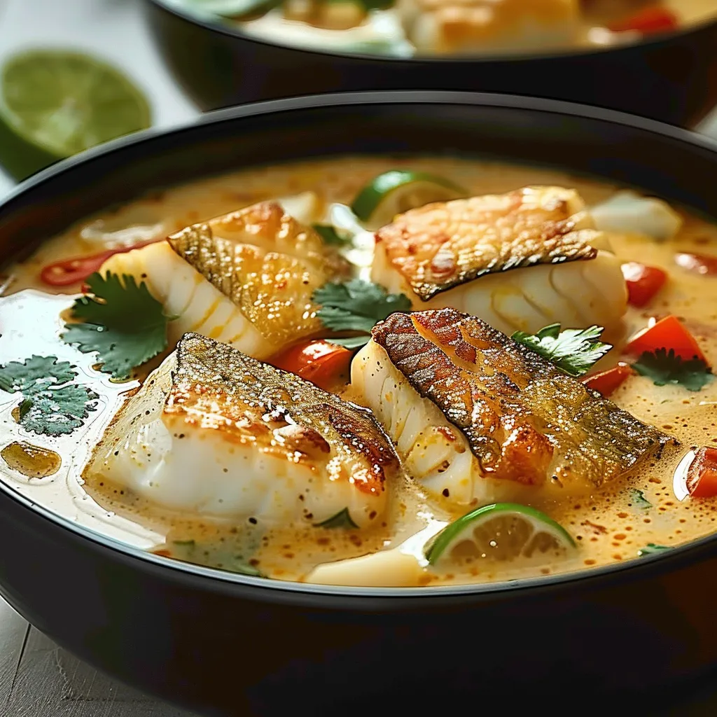 A bowl of soup with fish and vegetables.