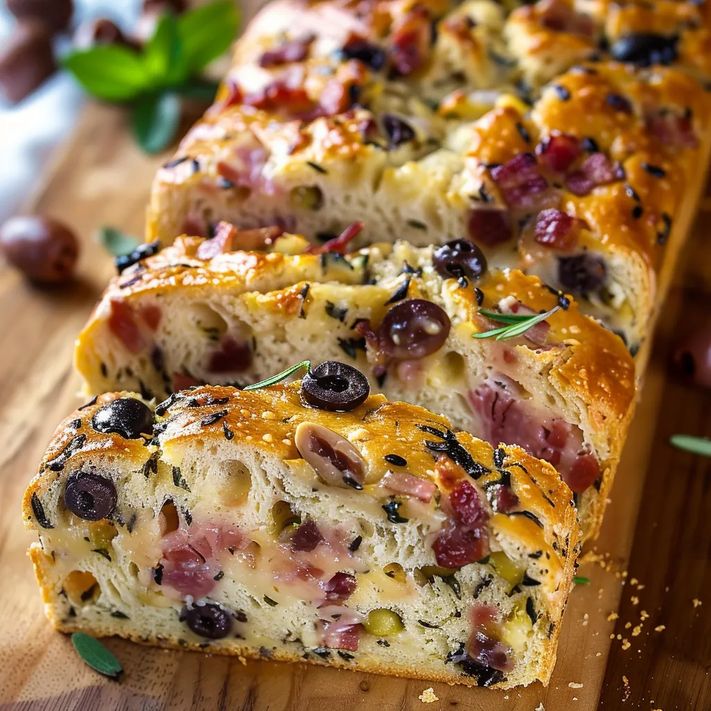 A loaf of bread with olives and herbs.