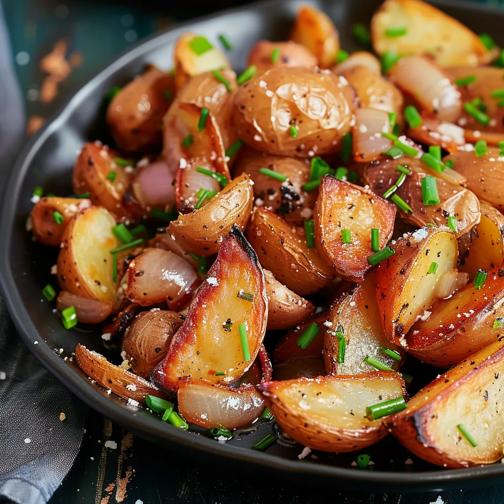 A bowl of potatoes with onions and herbs.