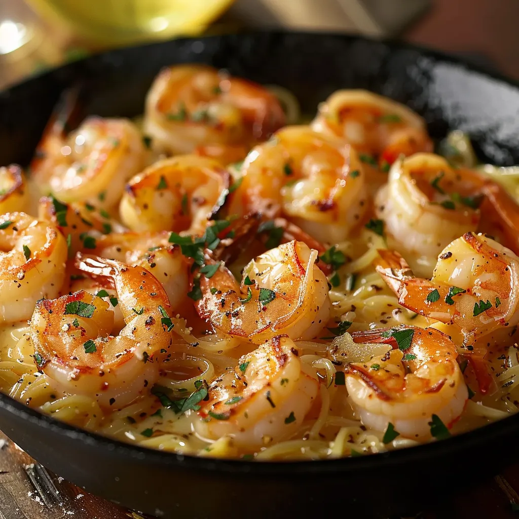 A pan of shrimp and pasta.
