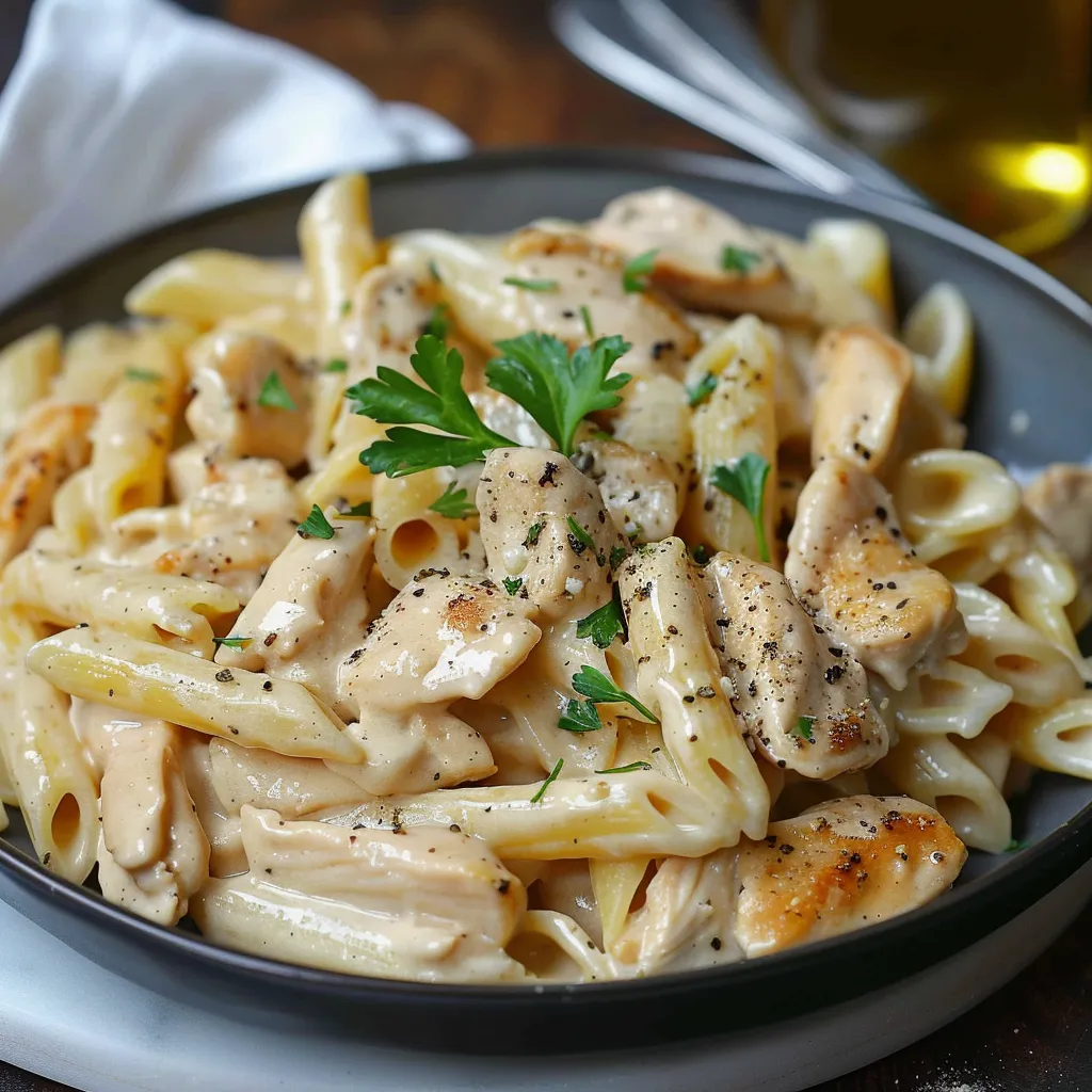 A bowl of pasta with chicken and cheese.