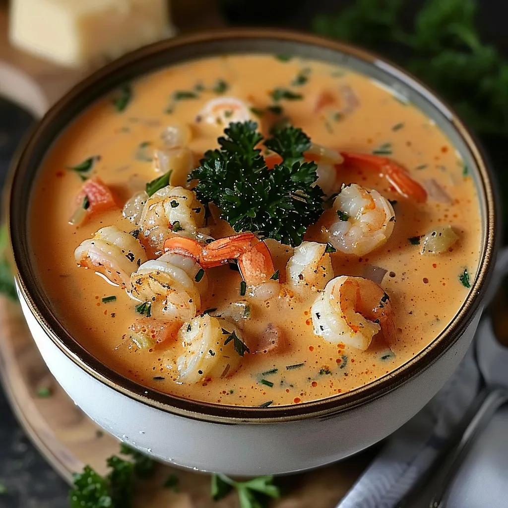 A bowl of shrimp and broccoli soup.