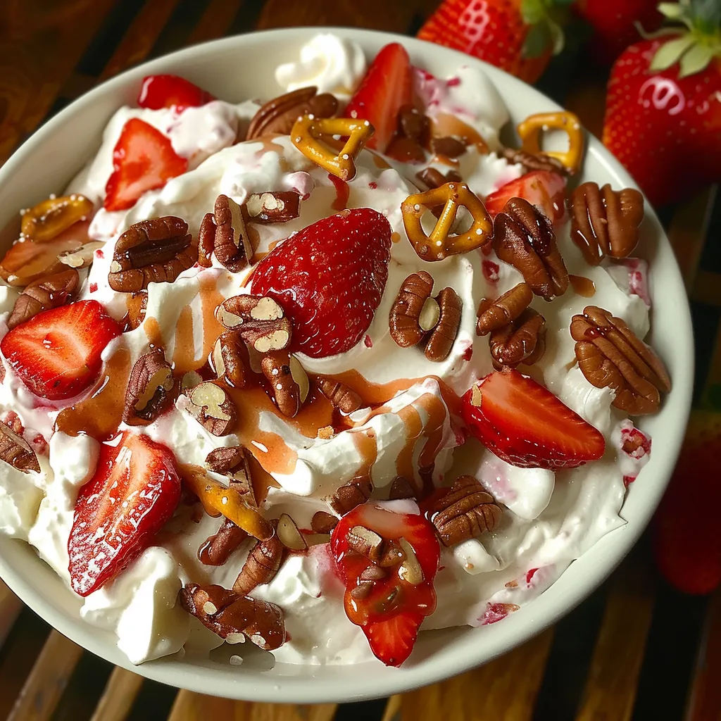 A bowl of strawberry yogurt with nuts.