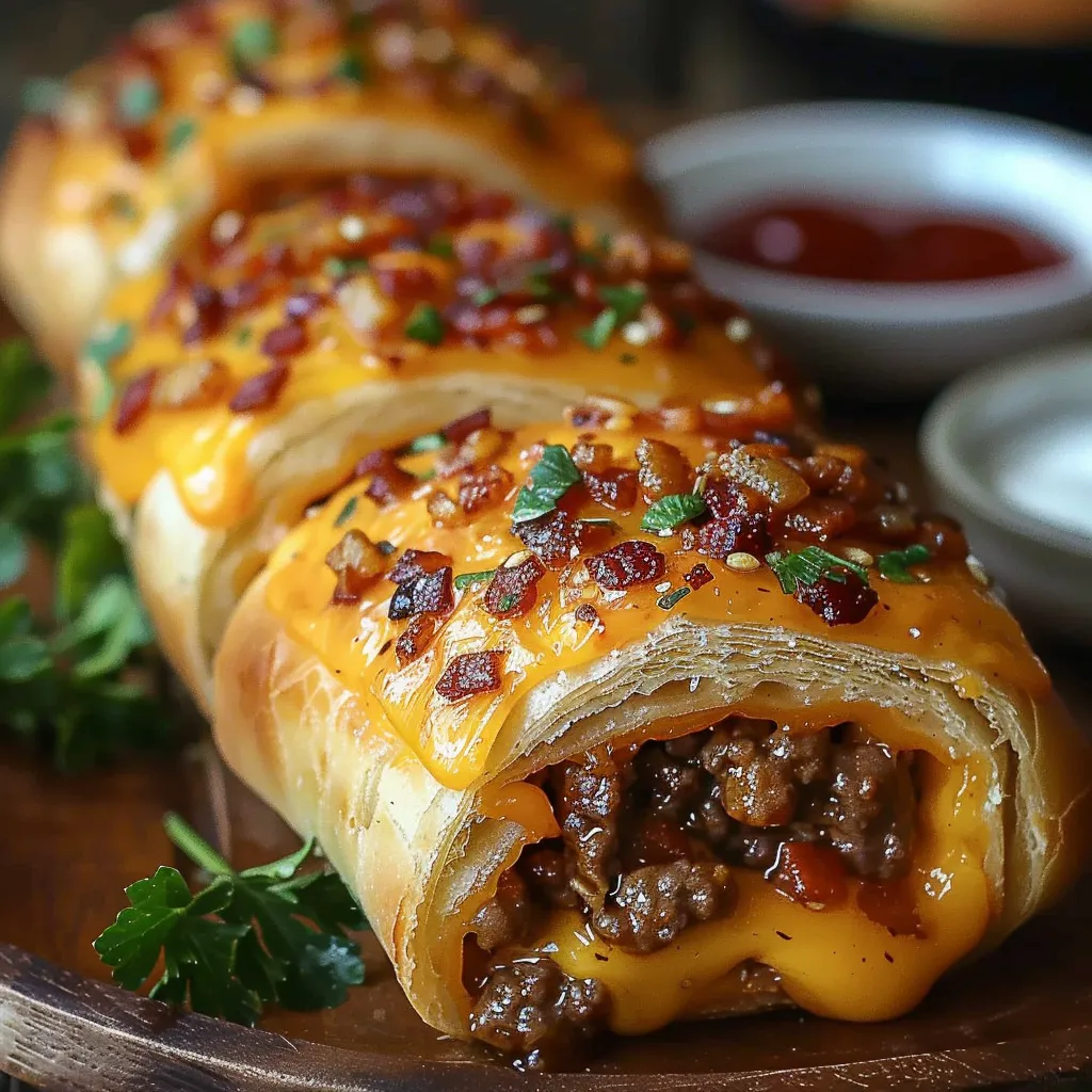 A cheese and meat filled pastry on a wooden table.