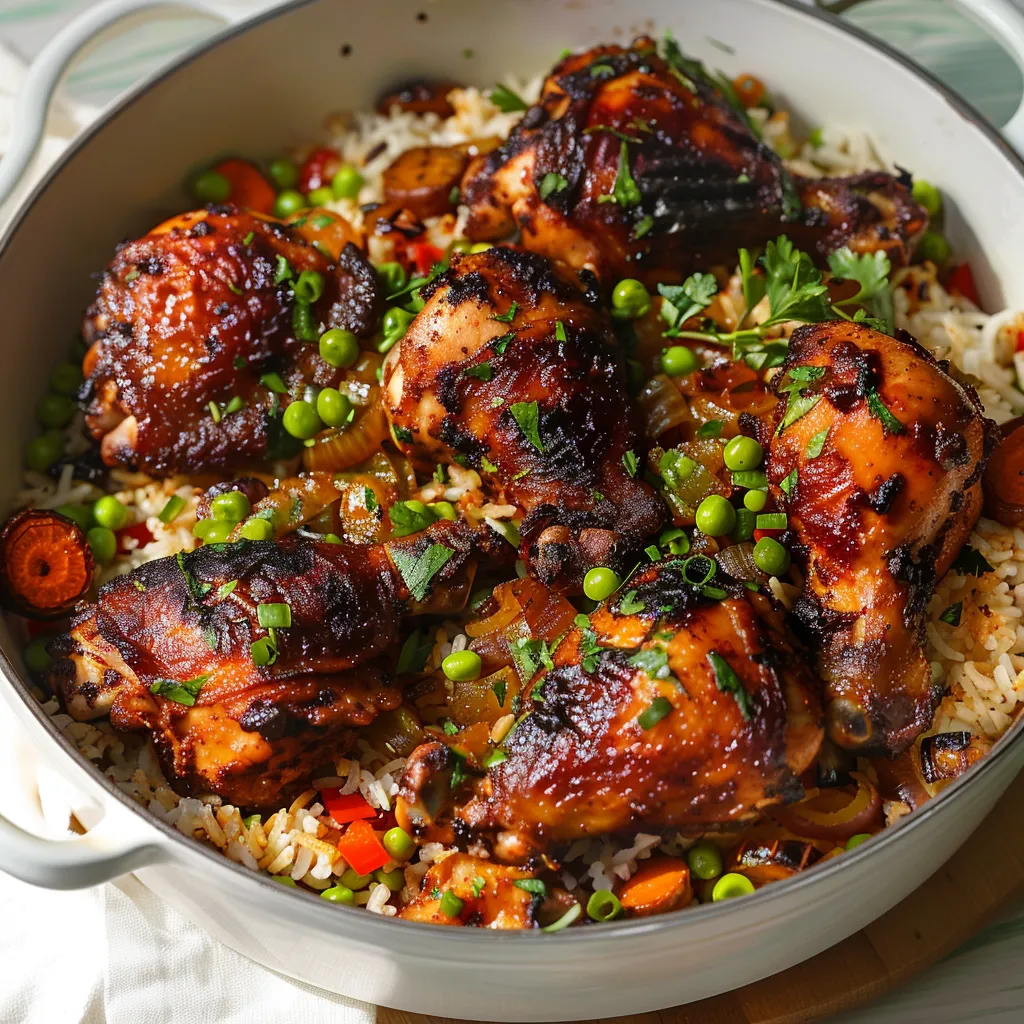 A bowl of rice with chicken and peas.