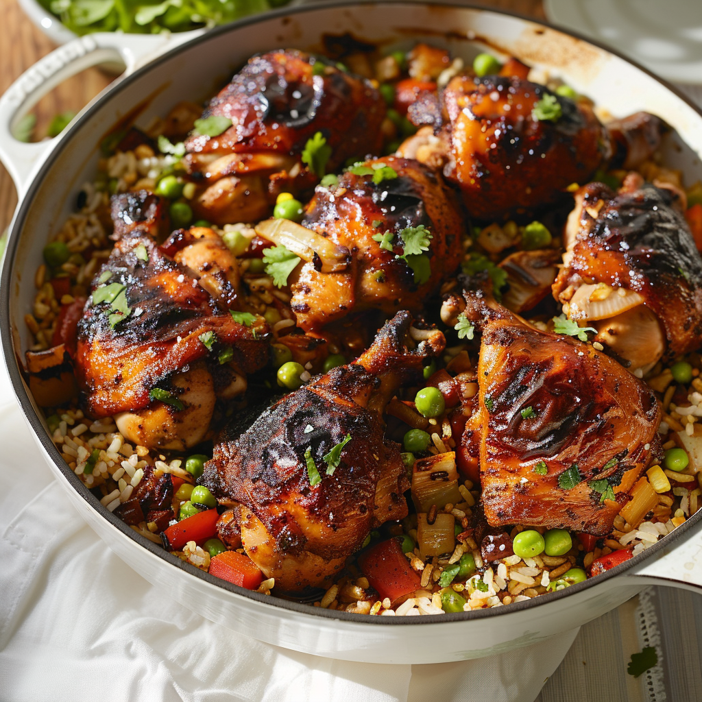 A pan of chicken and rice.