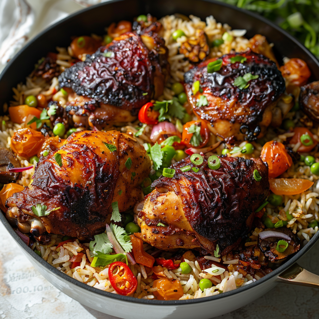 A pan of rice with chicken and peppers.