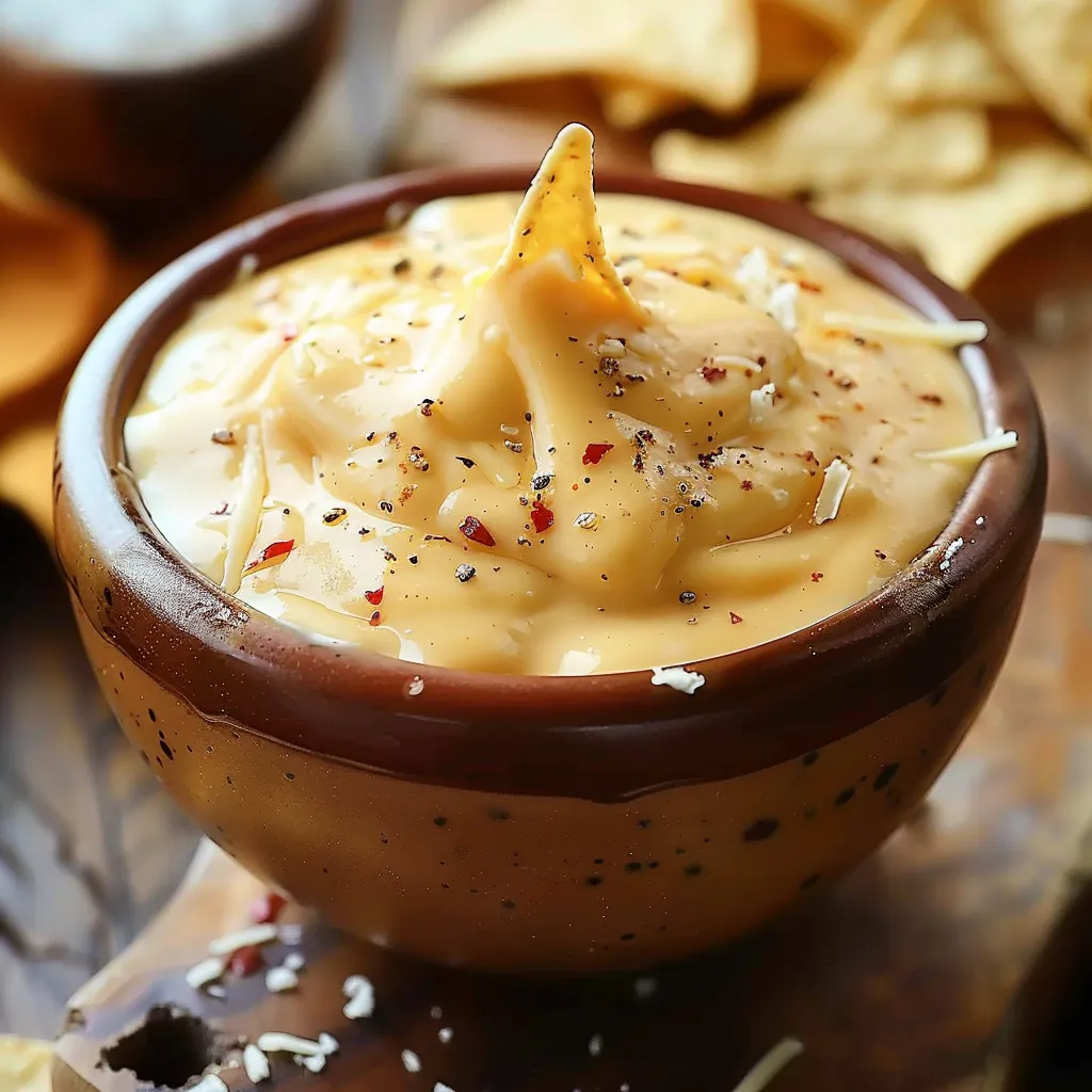 A bowl of dip with chips.
