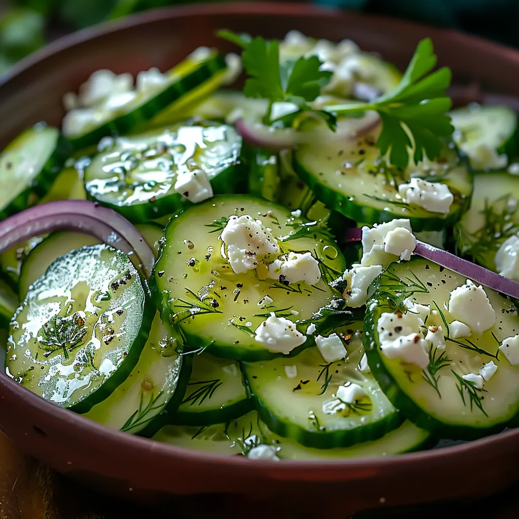 A bowl of sliced cucumbers with feta cheese.