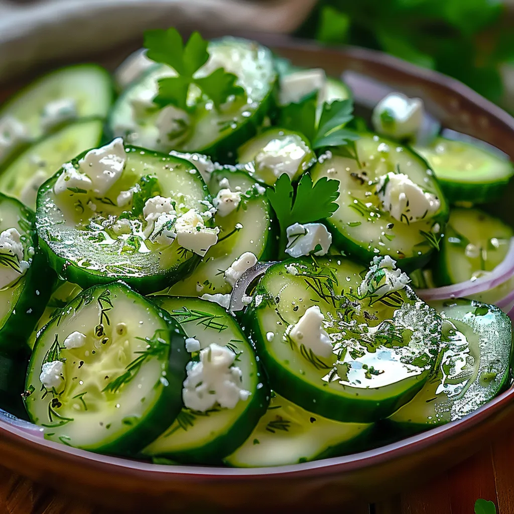 A bowl of sliced cucumbers with feta cheese.