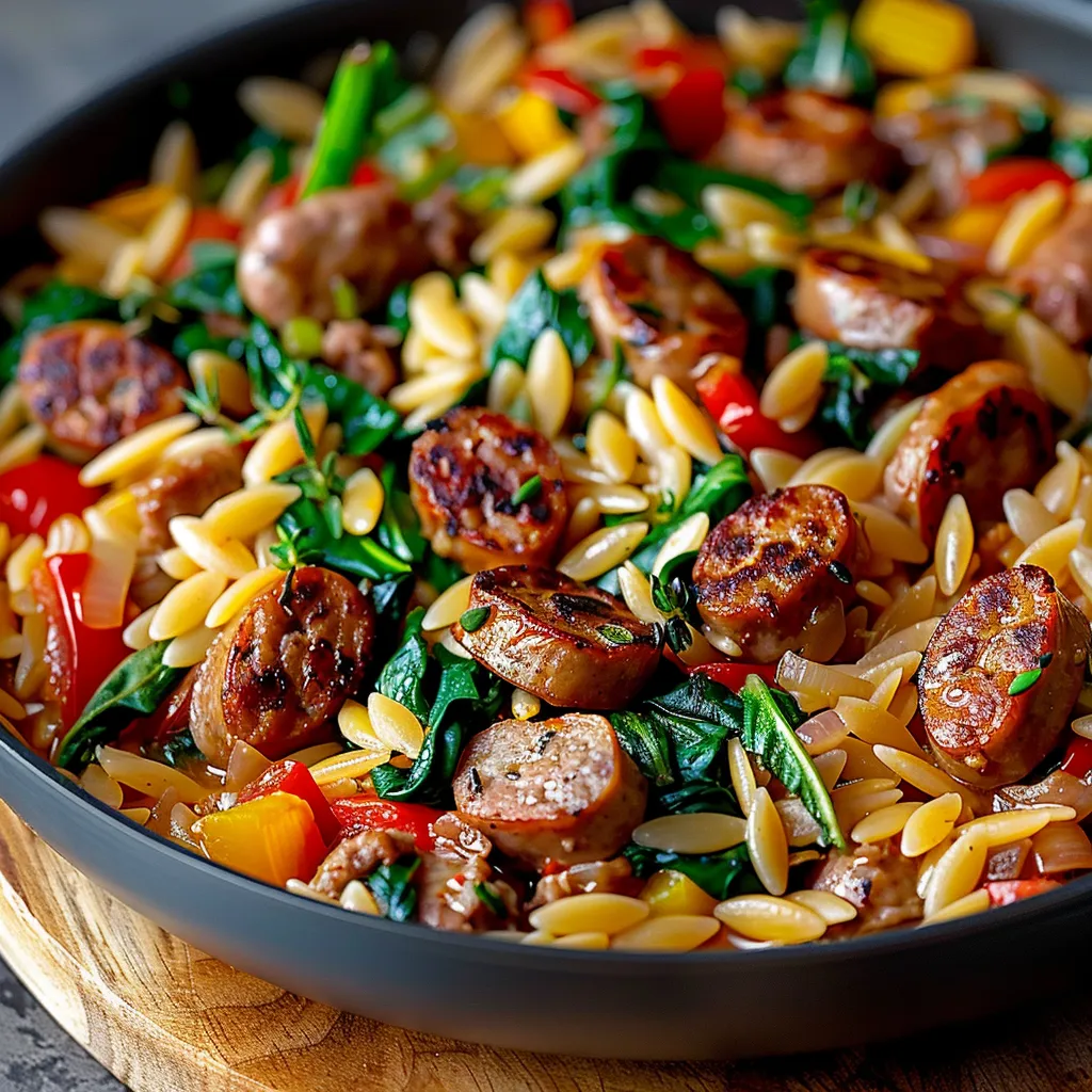 A bowl of pasta with sausage and vegetables.