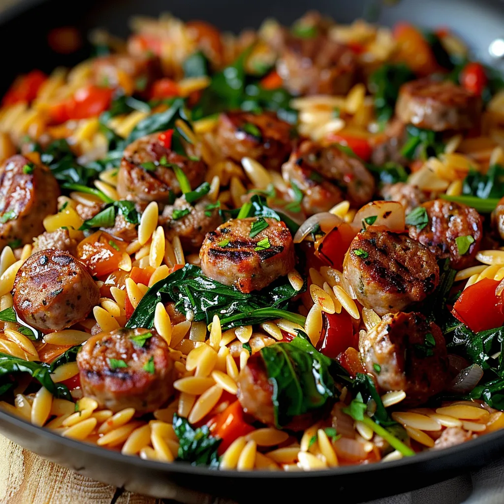 A plate of food with sausage and vegetables.