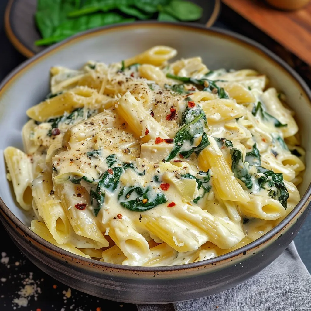 A bowl of pasta with spinach and cheese.