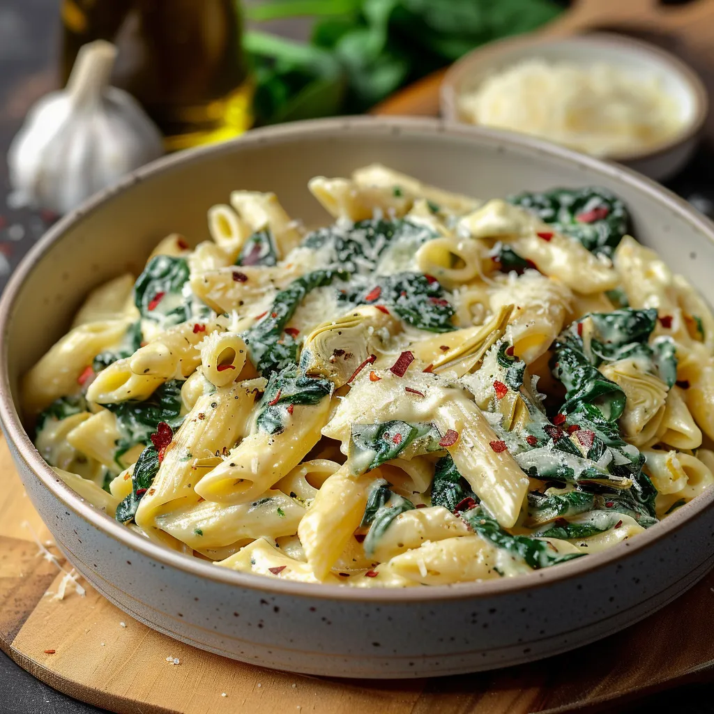 A bowl of pasta with spinach and cheese.