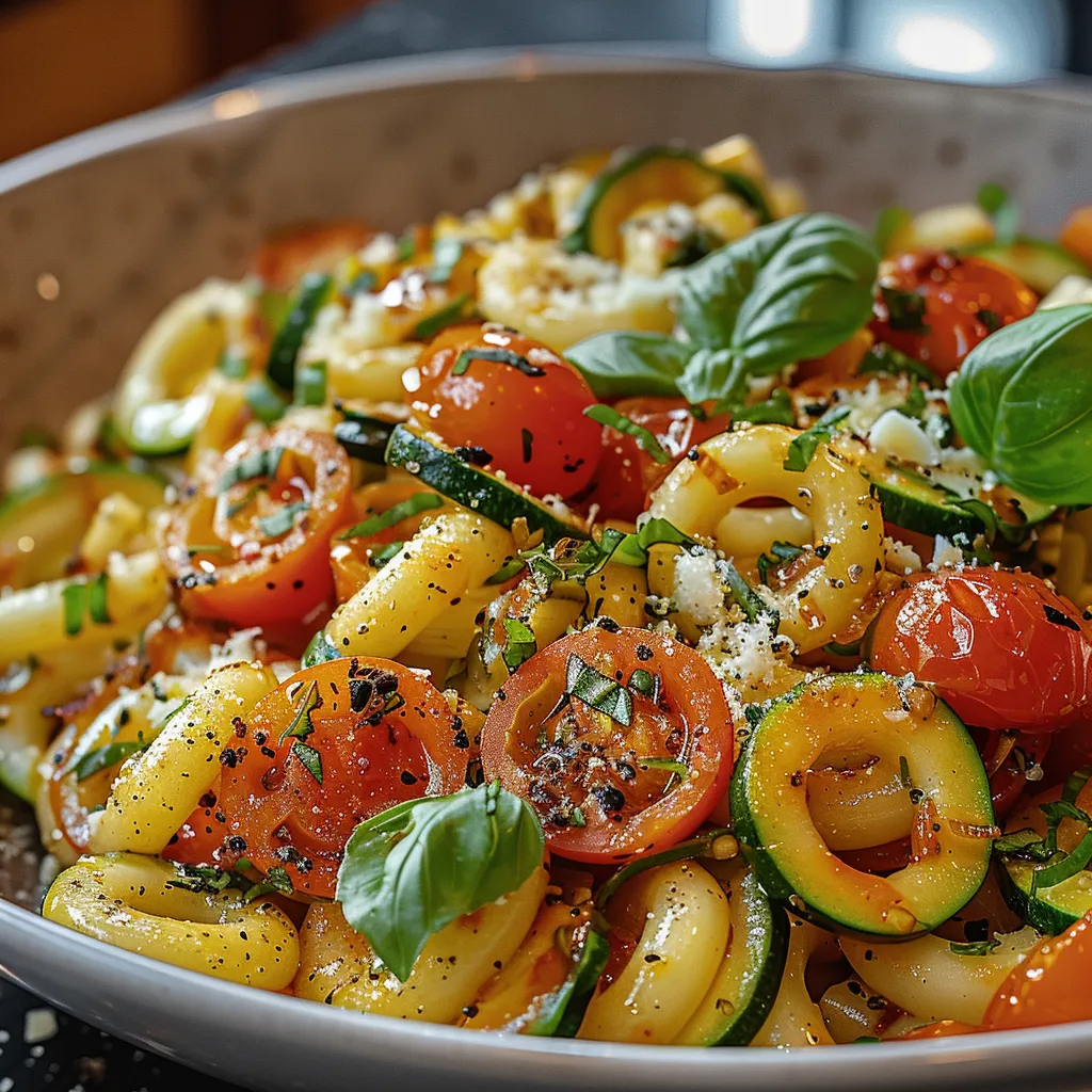 A bowl of pasta with tomatoes and basil.