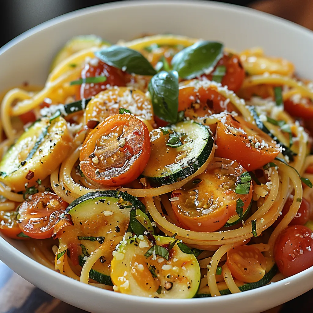 A bowl of pasta with tomatoes, zucchini, and basil.