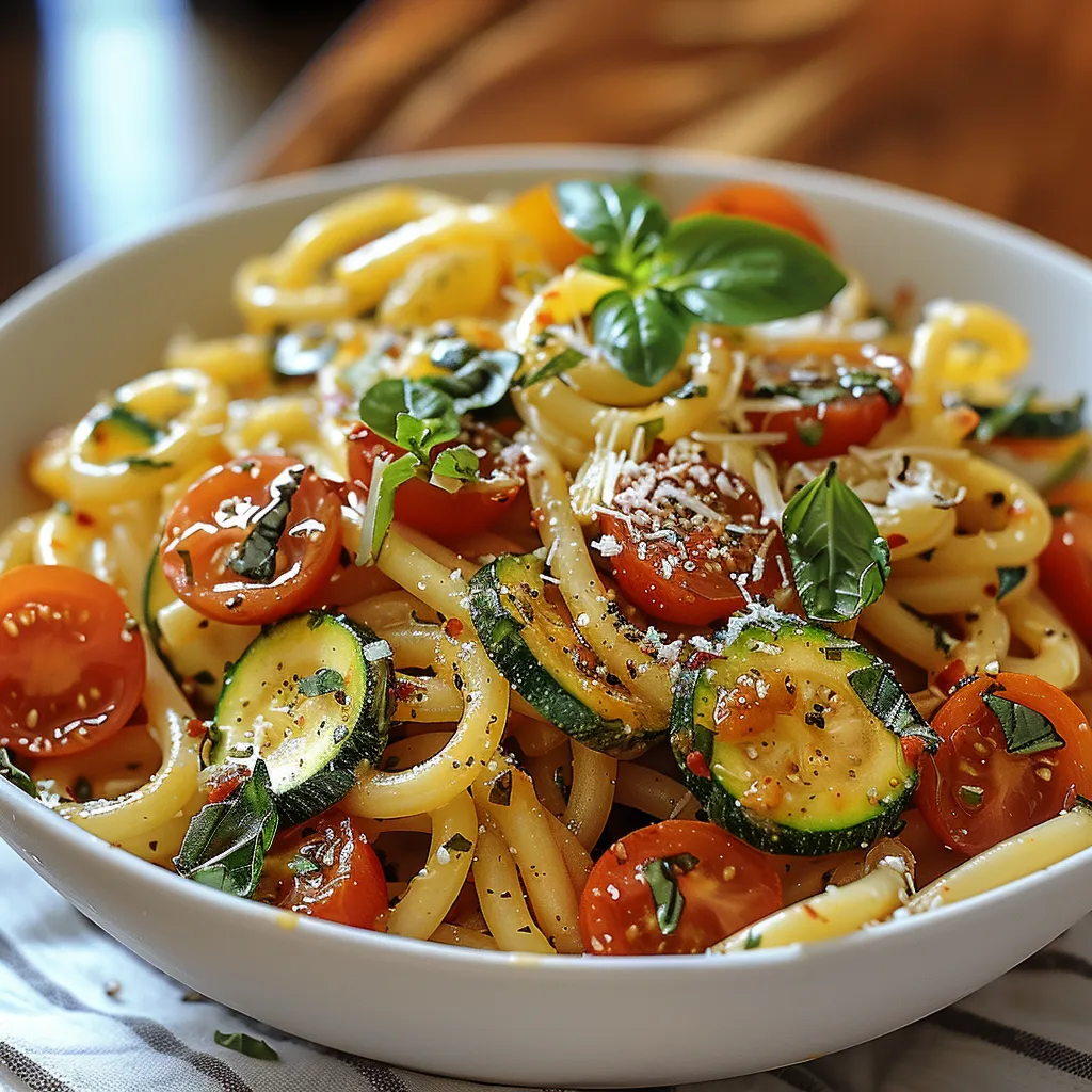A bowl of pasta with tomatoes, zucchini, and basil.