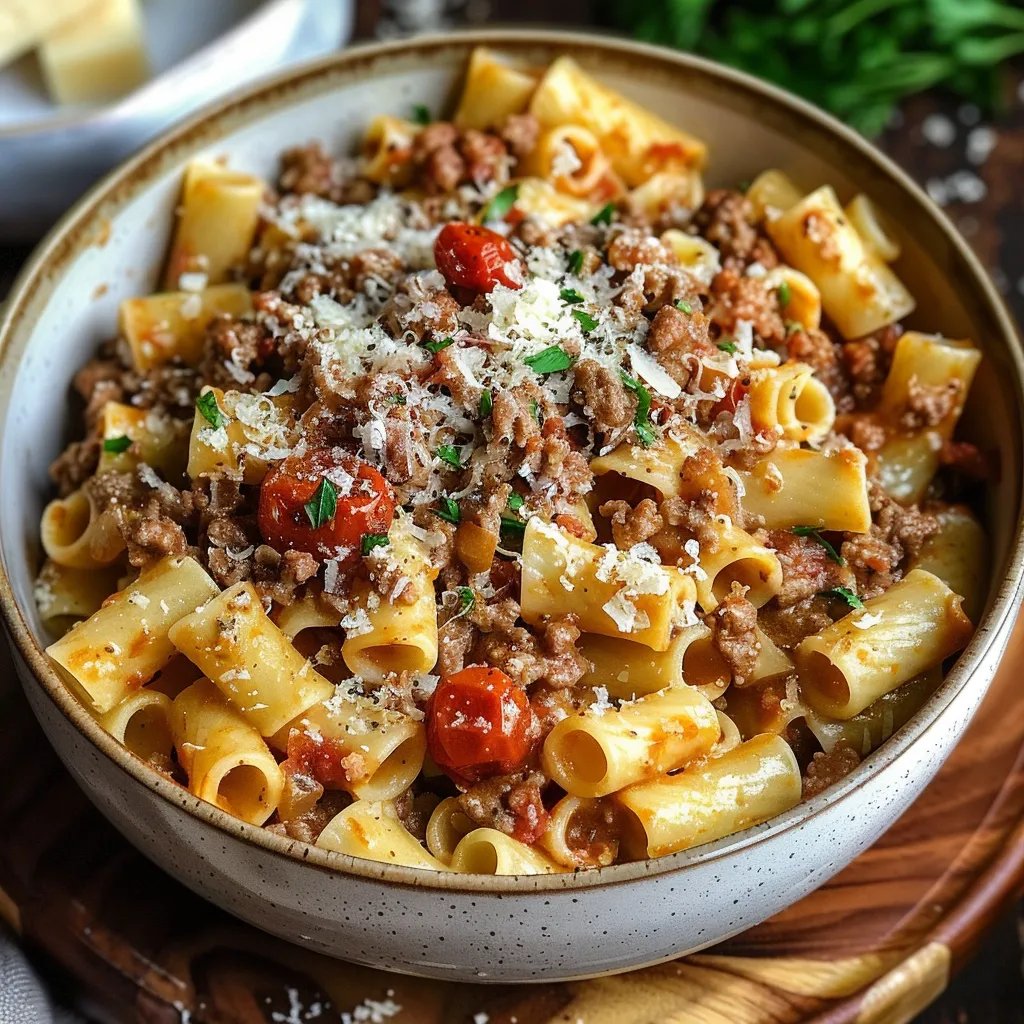 A bowl of pasta with meat and tomatoes.
