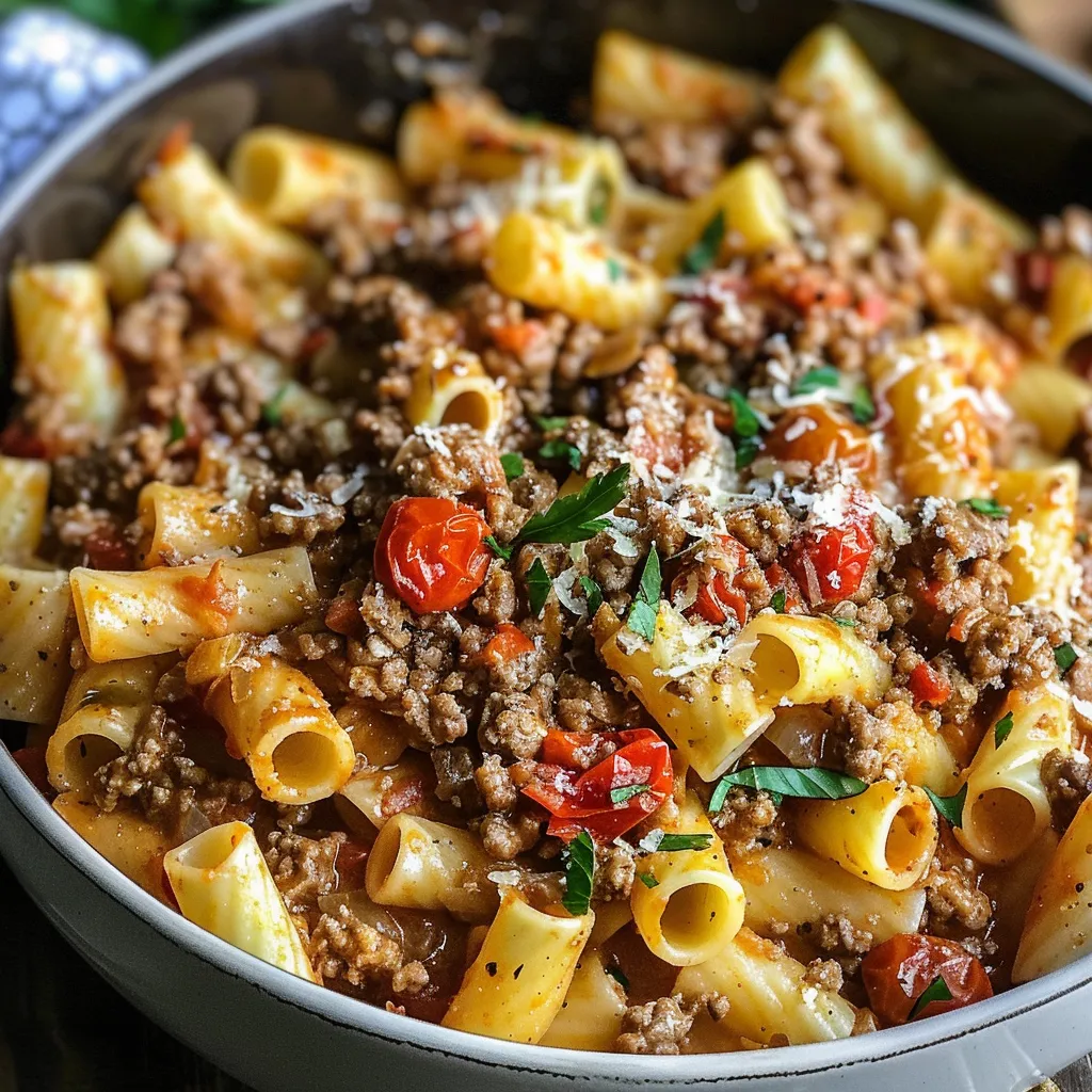 A bowl of pasta with meat and tomatoes.