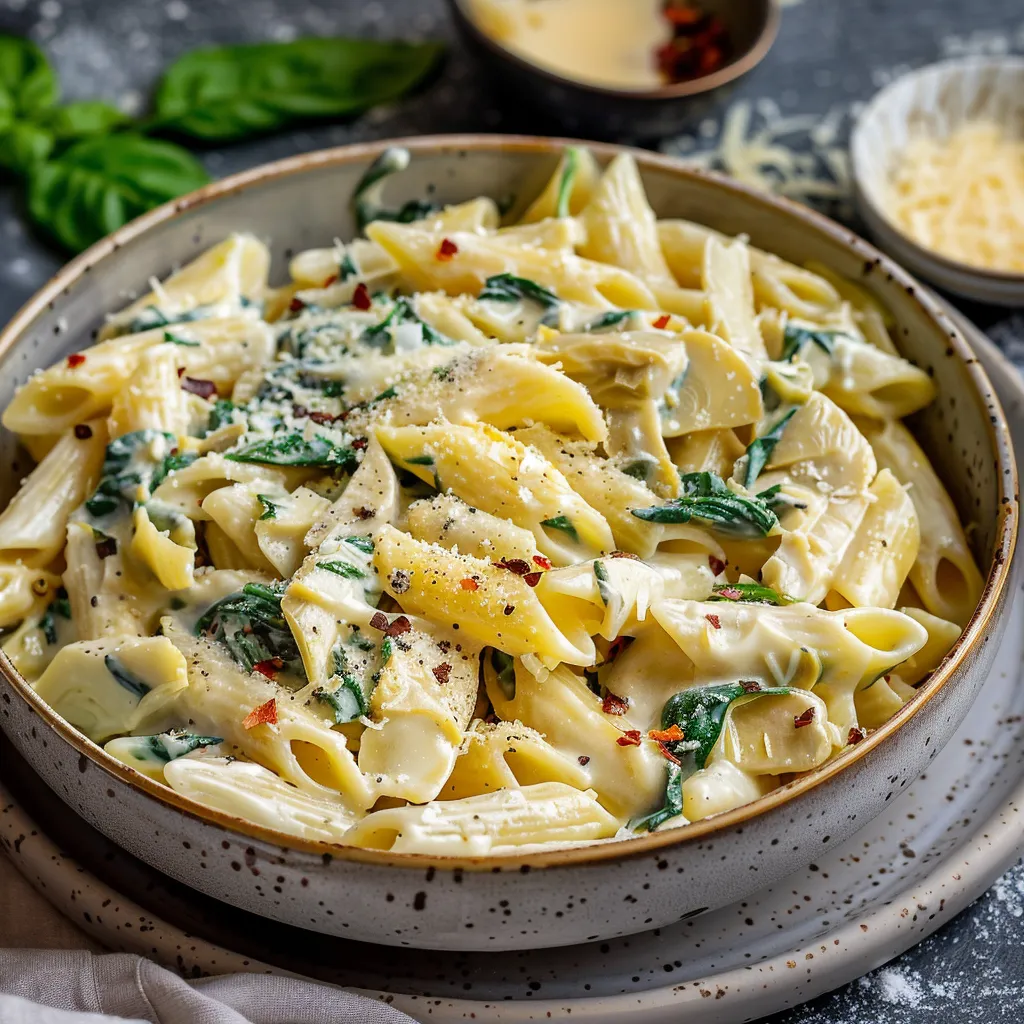 A bowl of pasta with cheese and spinach.