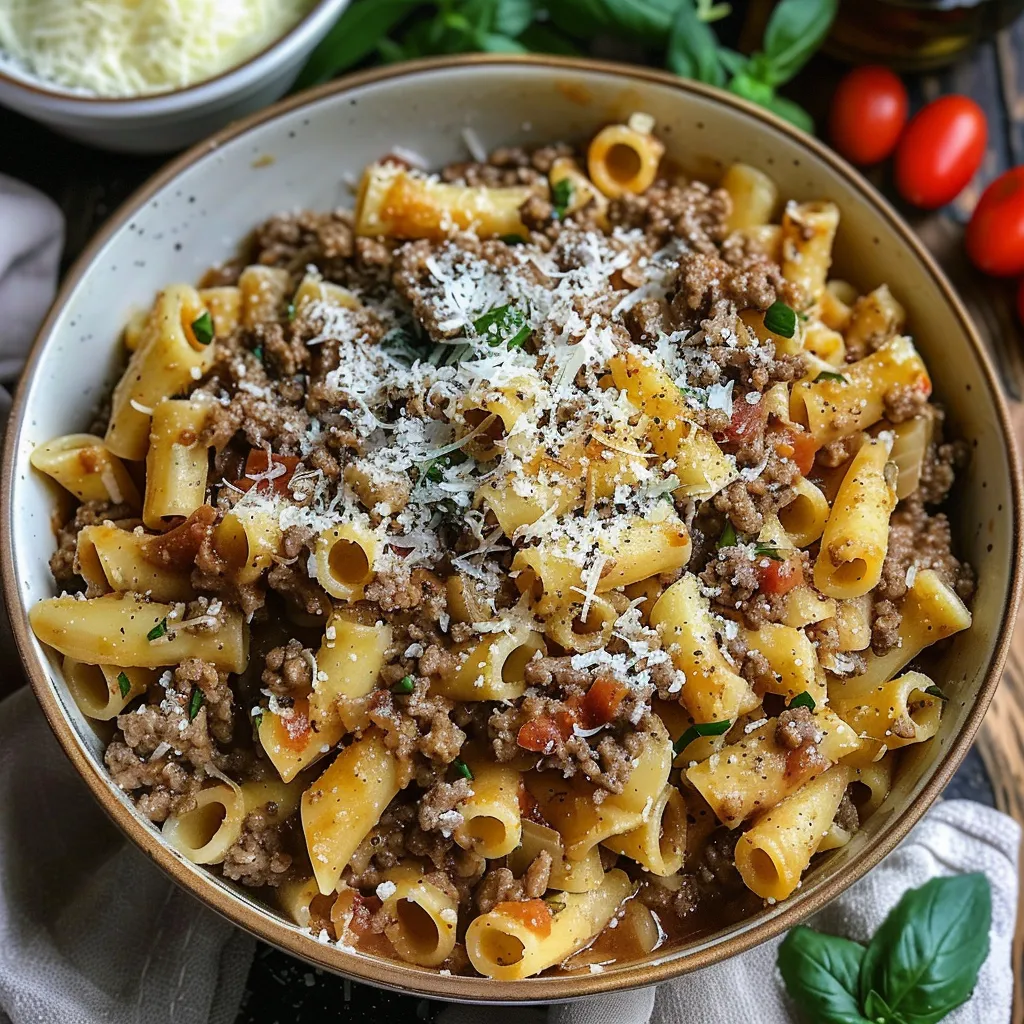 A bowl of pasta with meat and cheese.