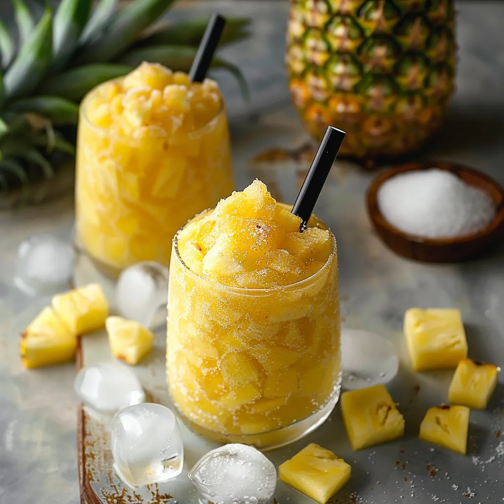Two glasses of pineapple juice with black straws.