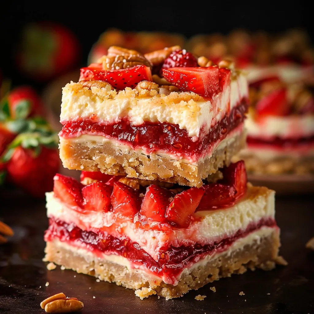 A stack of strawberry cheesecake bars.
