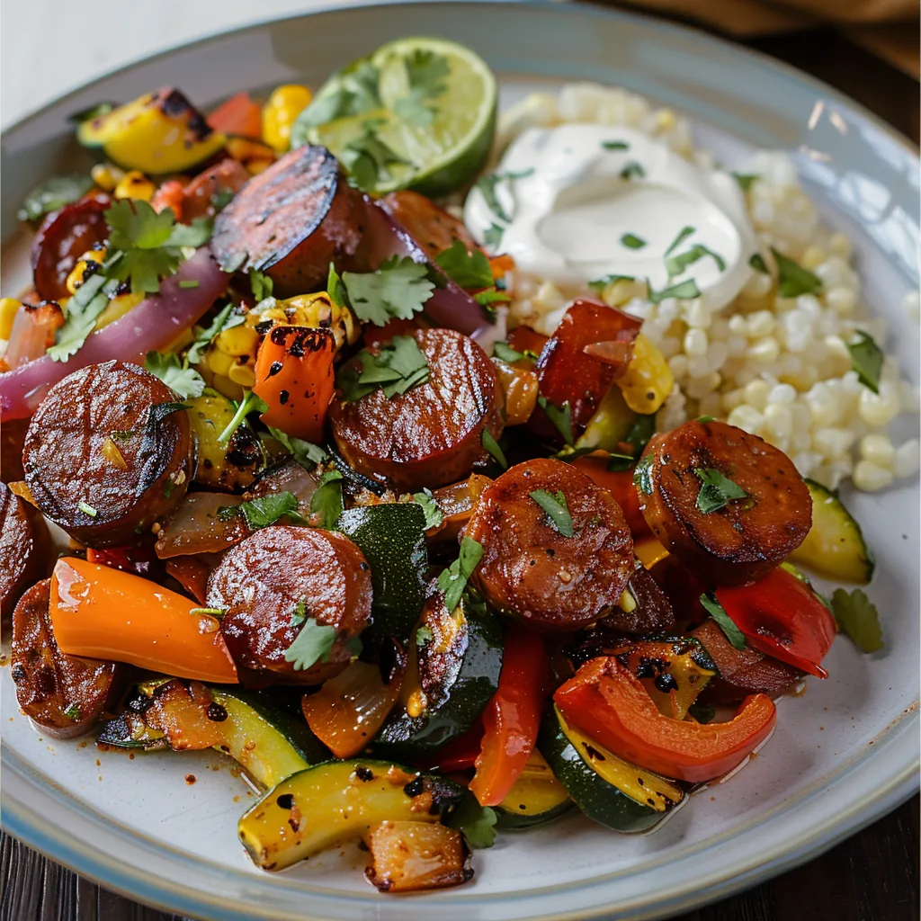 A plate of food with sausage, corn, and vegetables.