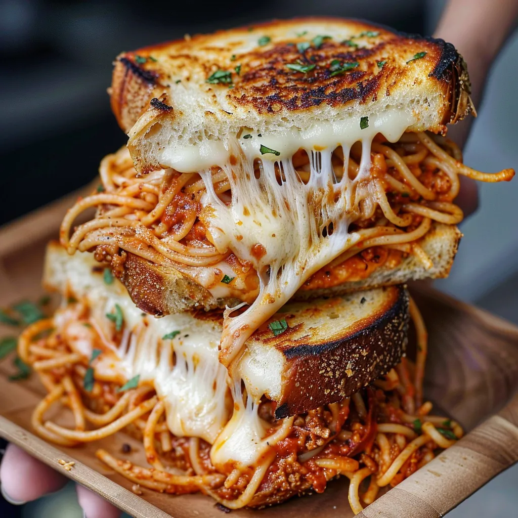 A stack of grilled cheese sandwiches with spaghetti on top.