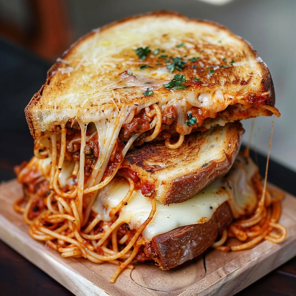 A sandwich with pasta and cheese.
