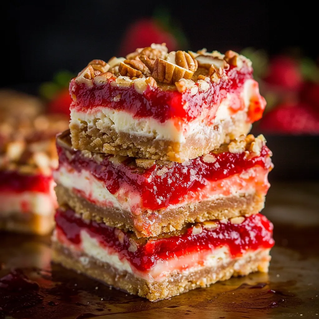 A stack of cake with strawberries on top.