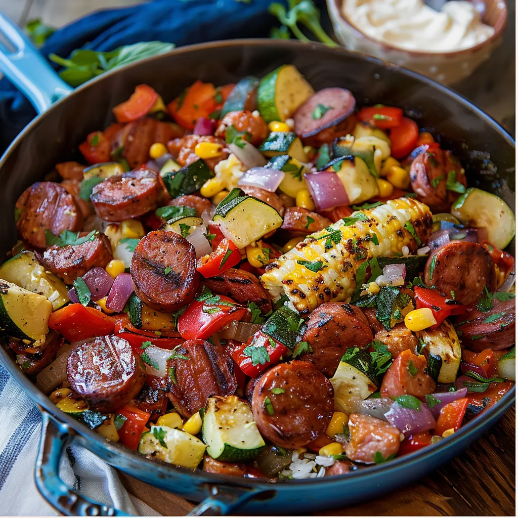 A bowl of food with sausage, corn, and peppers.