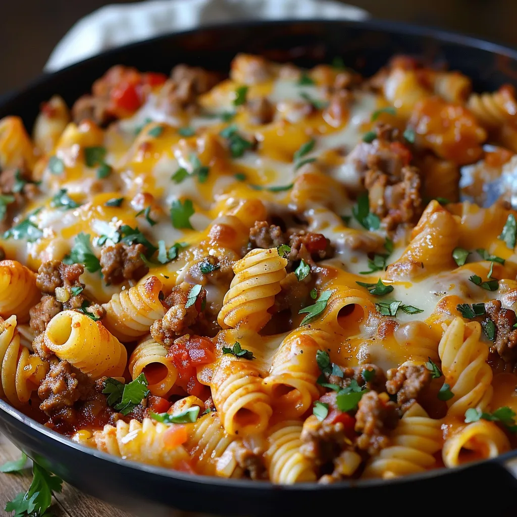 A delicious pasta dish with meat and cheese.