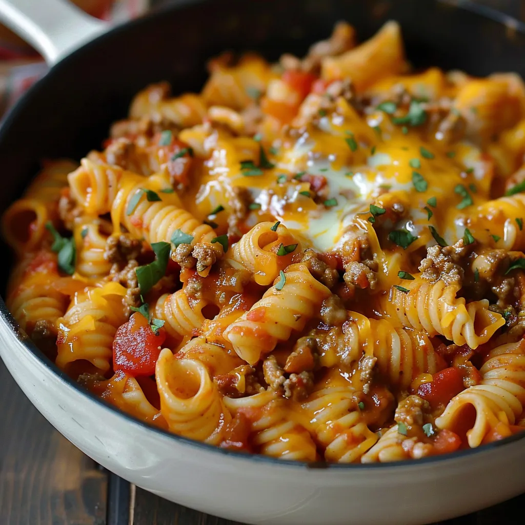 A bowl of pasta with meat and cheese.