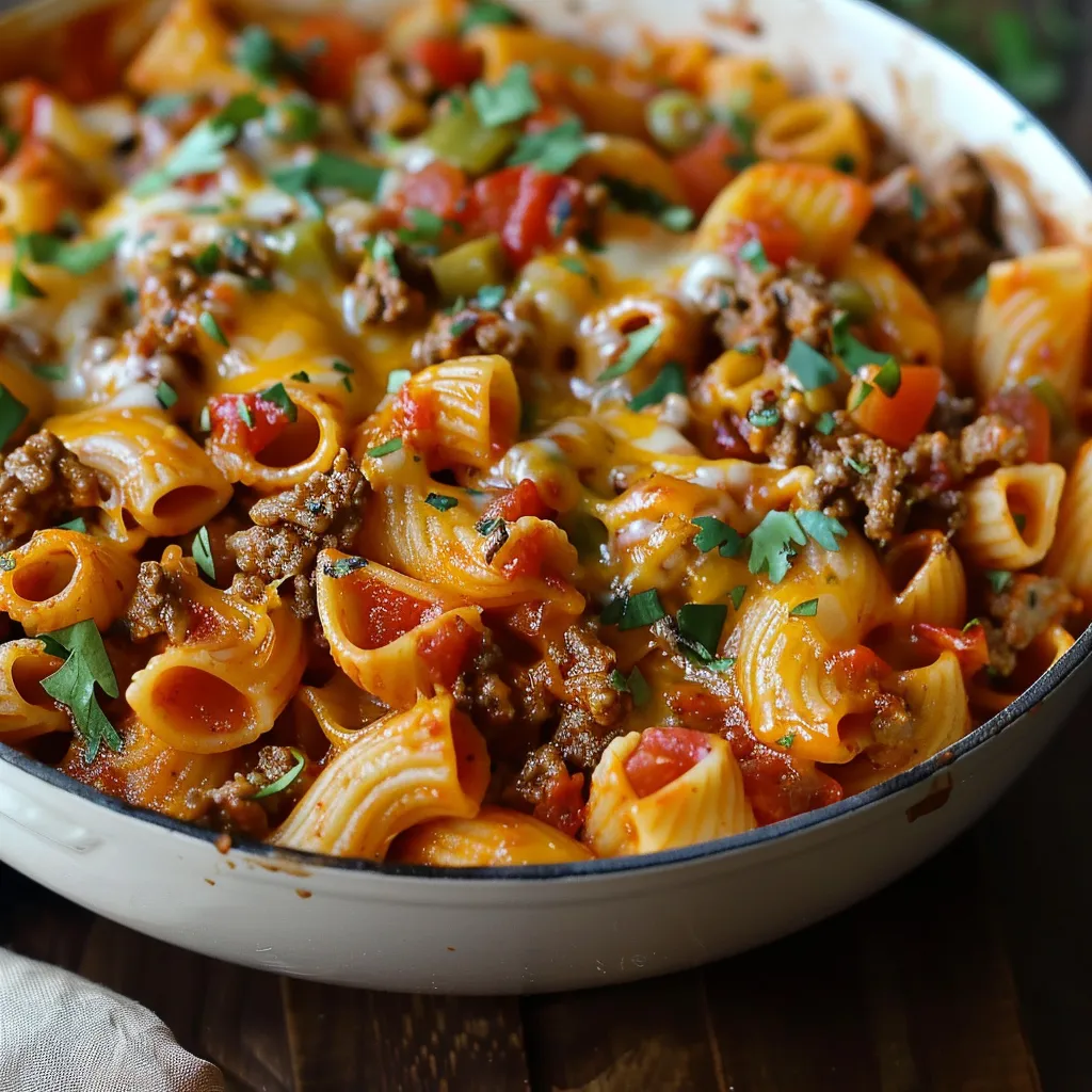 A bowl of pasta with meat and vegetables.