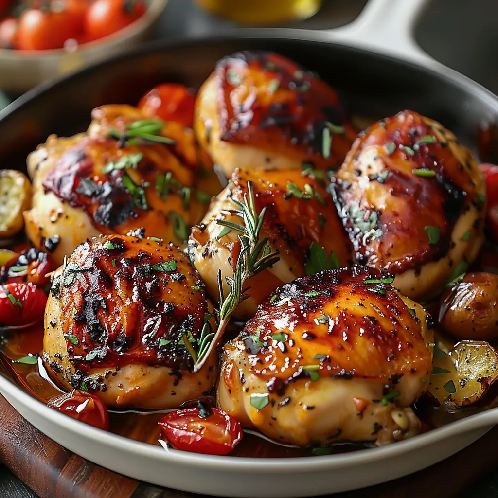 A plate of food with chicken and tomatoes.