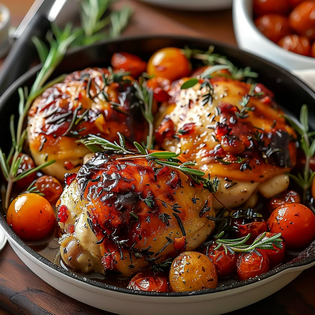 A pan of chicken with tomatoes and herbs.