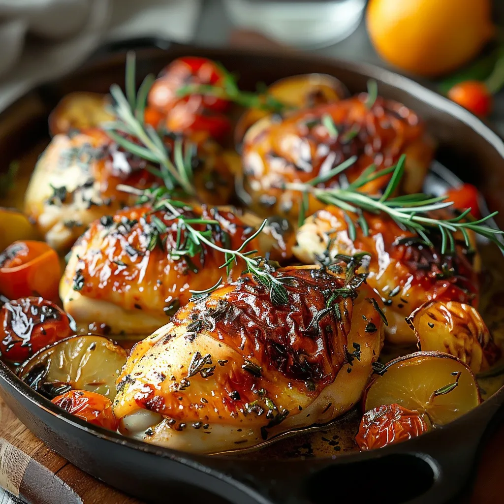 Chicken with herbs and spices in a pan.