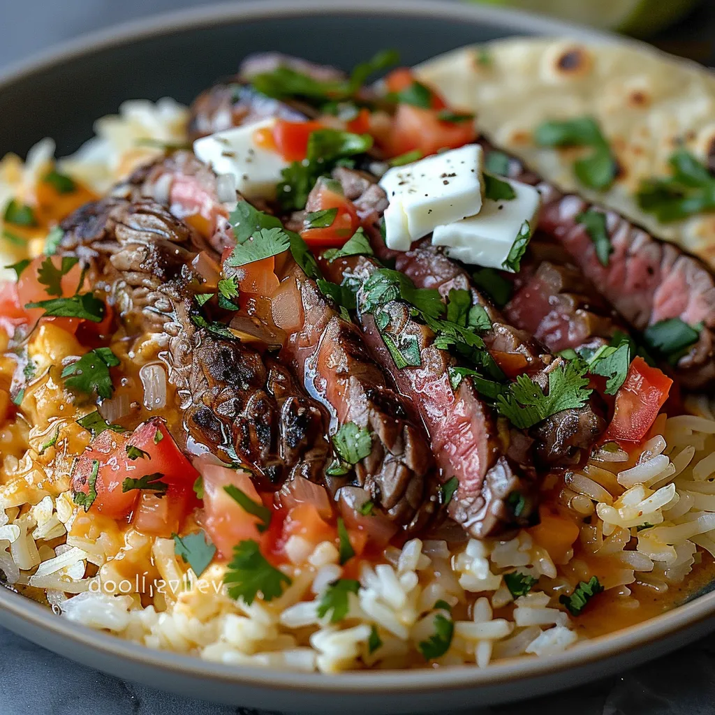 A plate of food with rice, meat, tomatoes, and cheese.