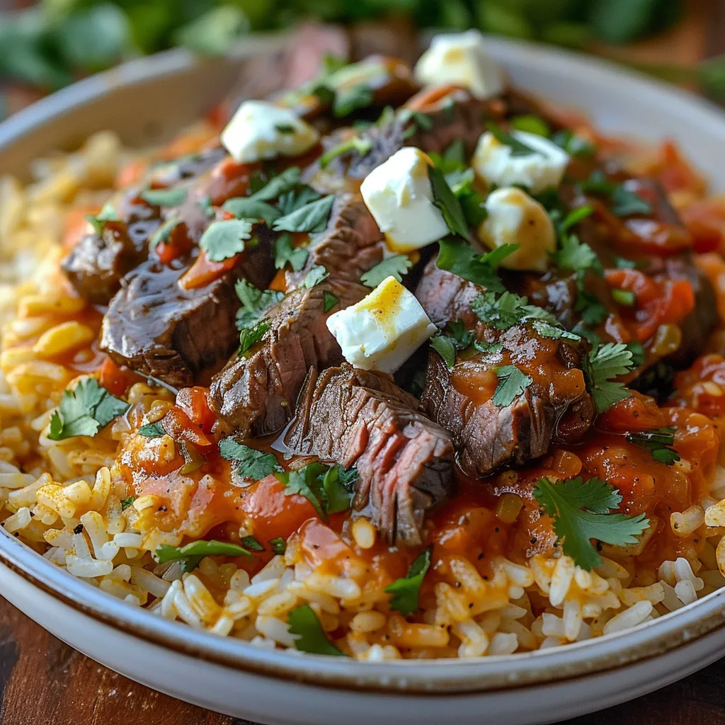 A plate of food with rice and meat.