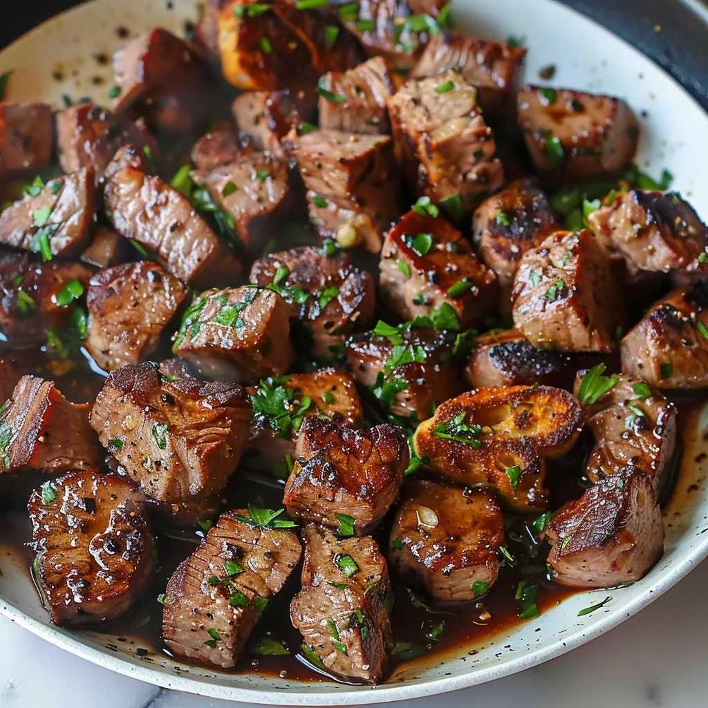 A bowl of meat with green herbs on top.