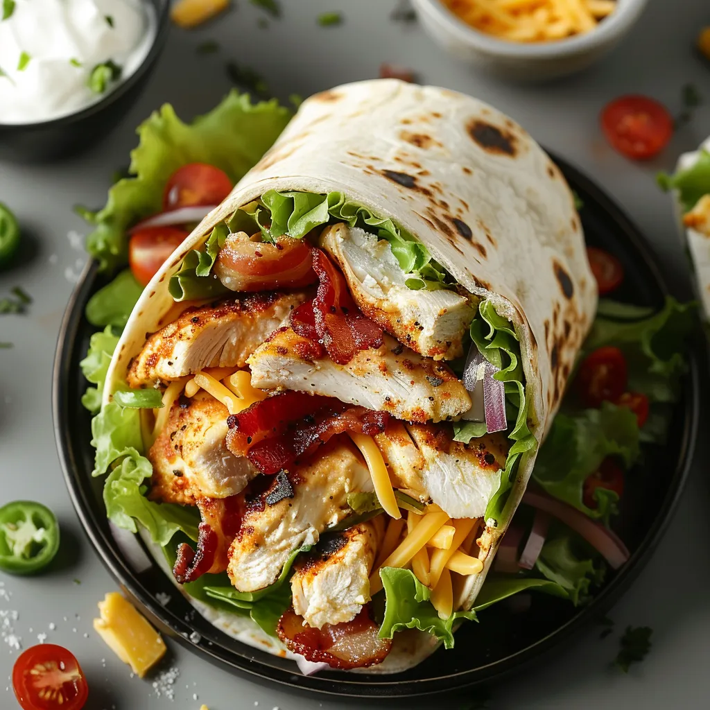 A chicken burrito with lettuce, tomatoes, and cheese.