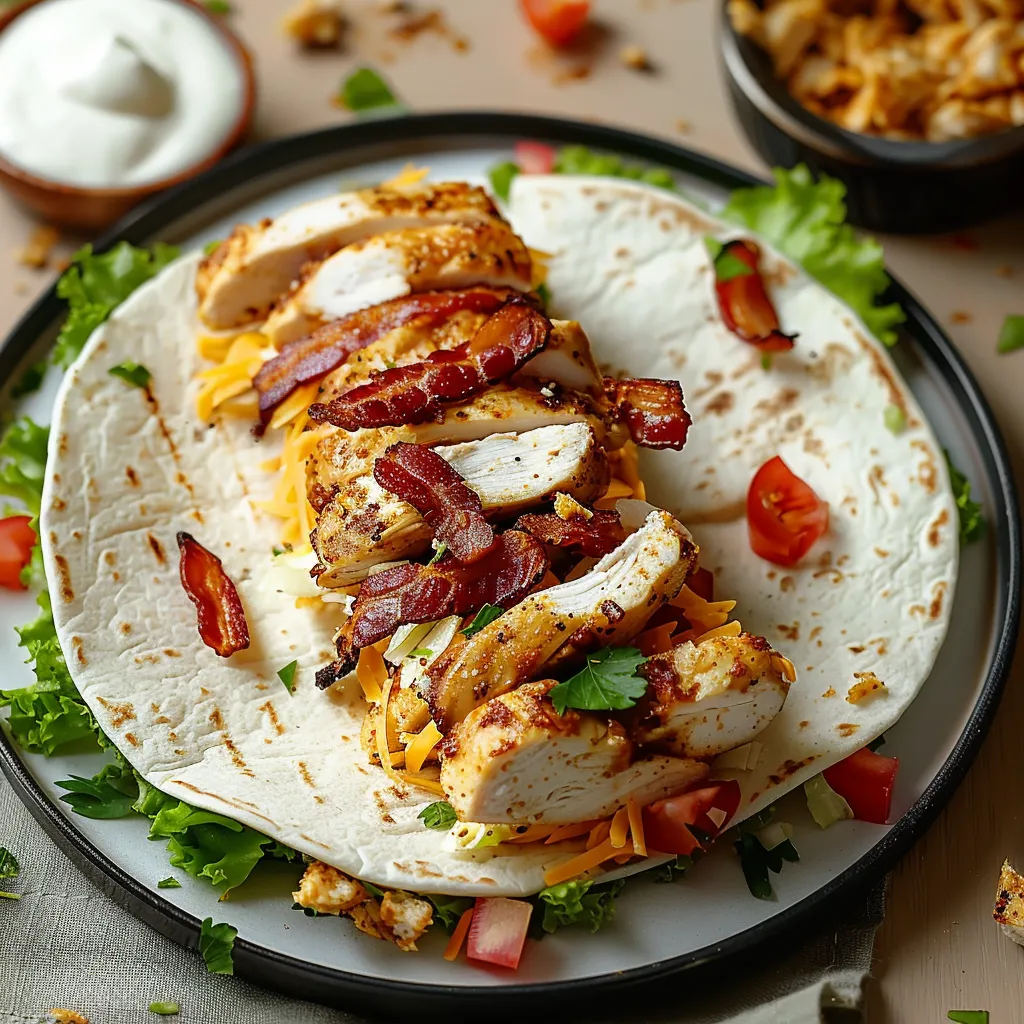 A plate of food with a chicken sandwich and bacon.