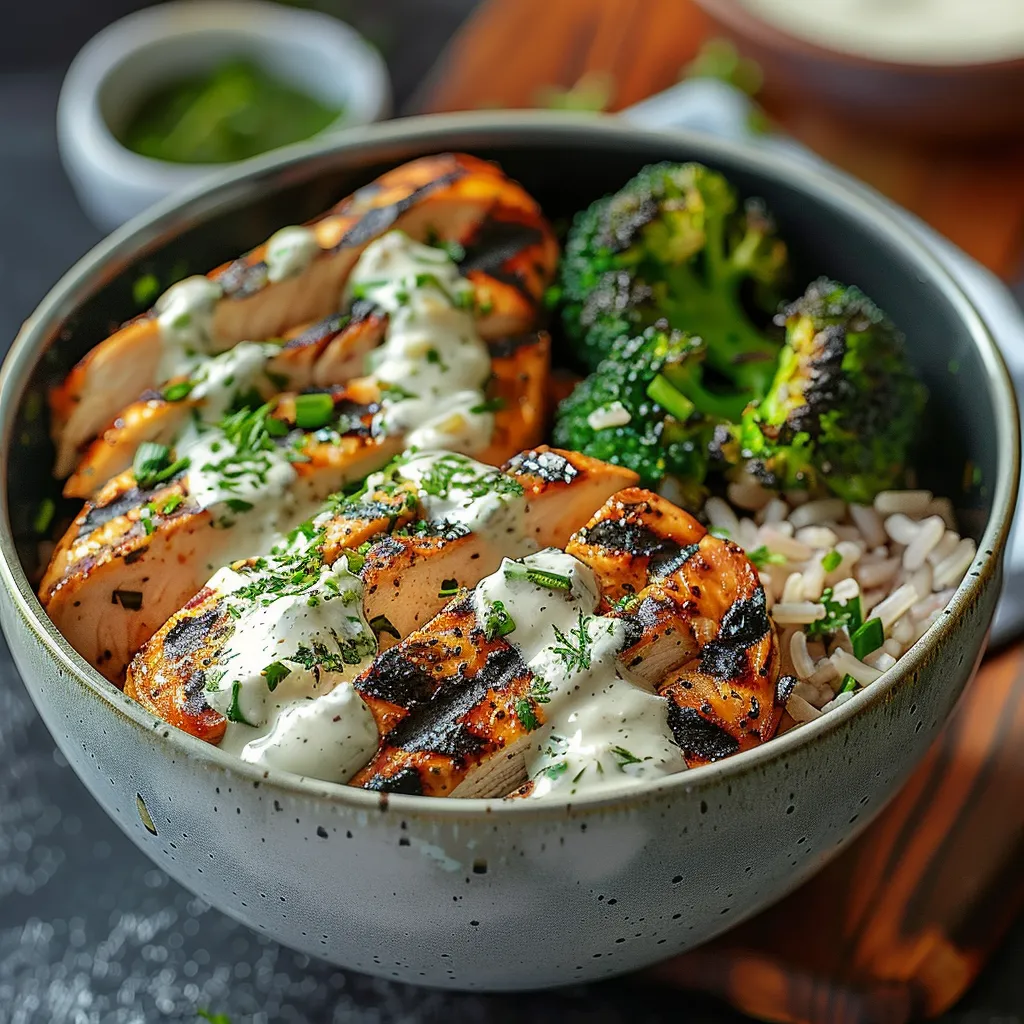 A bowl of food with rice, broccoli, and chicken.