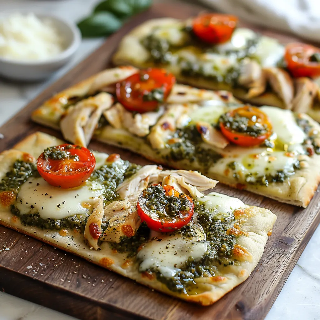 Two pizzas with tomatoes and chicken on a wooden board.