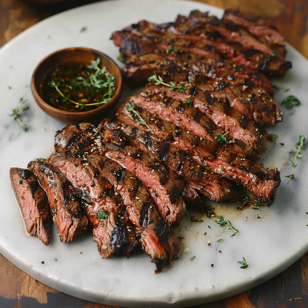 A plate of steak with a bowl of seasoning on the side.