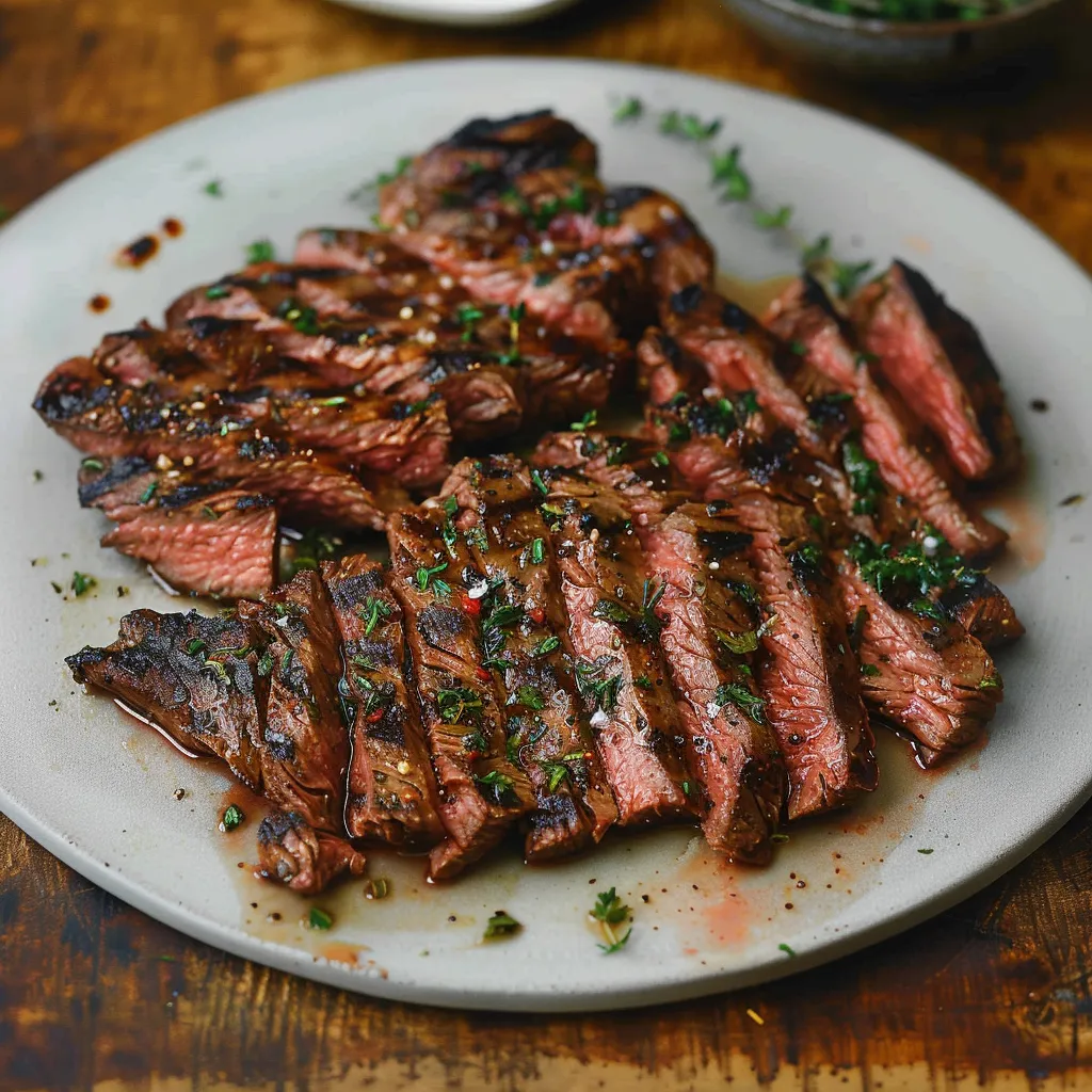 A plate of steak with peppers and herbs on it.